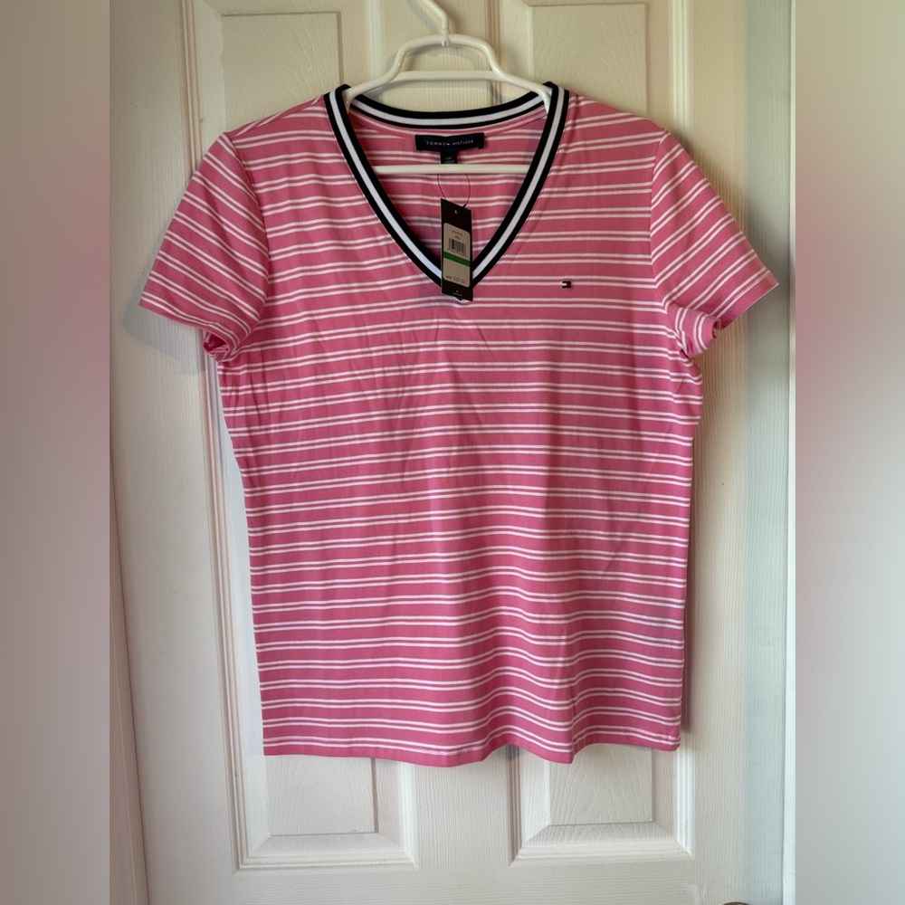Tommy Hilfiger V-Neck Pink and White Striped Tee NWT